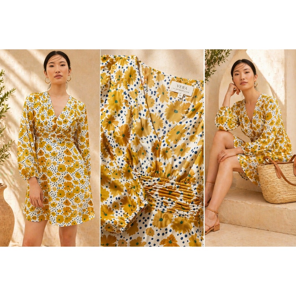 Anthropologie Vera Buttercup Floral Mini Dress M Puff Sleeve Ruched Waist Luxe